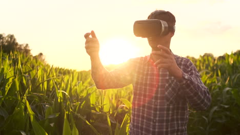 The-farmer-of-the-future-uses-of-VR-glasses-to-control-corn-plantations-and-quality-control-of-plants-and-soil-analysis-for-irrigation-and-fertilizer-plants-standing-in-a-field-at-sunset-lens-flare